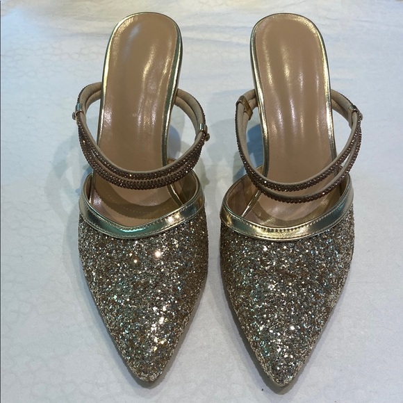 Shoes - Gold Glitter Heels with Metallic Strap